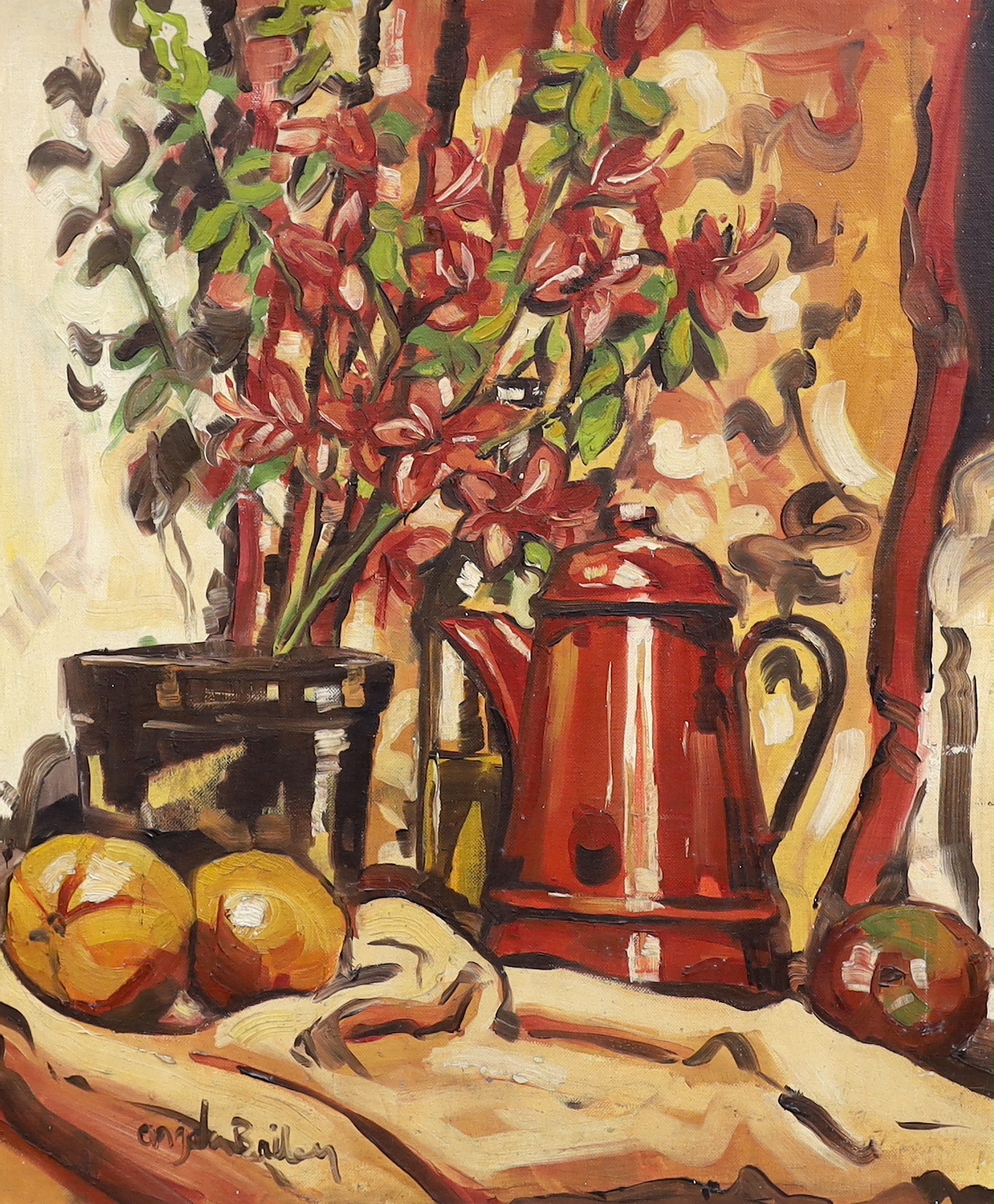 Angela Bailey (20th century), oil on artists board, Still life ‘’The red coffee pot and Azalea’’, signed, inscribed verso, 60 x 50cm